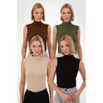 Yade Fashion Kadın Kolsuz Bluz 4’lü Set – Kahverengi Haki Ekru Siyah