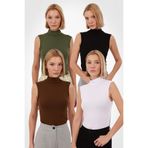 Yade Fashion Kadın Kolsuz Bluz 4’lü Set – Siyah Beyaz Kahverengi Haki