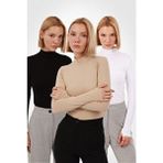 Yade Fashion Kadın Siyah Beyaz Ekru 3'lü Uzun Kollu Body Set, Yumuşak Viskon Kumaş ve Boğazlı Yaka - Çok Renkli - XL