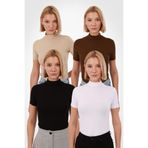 Yade Fashion Kadın Siyah Beyaz Kahverengi Ekru 4'lü Kısa Kol Bluz Set