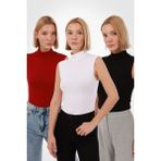 Yade Fashion Kadın Siyah Beyaz Kırmızı 3'lü Kolsuz Bluz Set