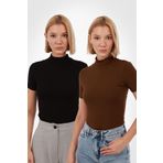 Yade Fashion Kadın Siyah Kahverengi 2'li Kısa Kol Bluz Set