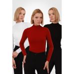 Yade Fashion Kadın Uzun Kollu Balıkçı Yaka Body 3’lü Set – Beyaz Kırmızı Siyah - Siyah - Beyaz - Kırmızı
