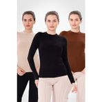 Yade Fashion Kadın Uzun Kollu Body Seti Düz Kumaşlı 3'lü Kahverengi Ekru Siyah - Çok Renkli - 2XL