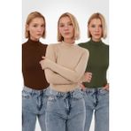 Yade Fashion Kadın Uzun Kollu Body Seti Yarım Boğazlı Viskon 3'lü Kahverengi Ekru Yeşil - Kahverengi - Ekru - Yeşil - XL