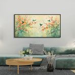 Yağlı Boya Dokulu Tablo Bahar Çiçekleri ve Sinek Kuşları Siyah Çerçeveli 60 x 120 cm U04027