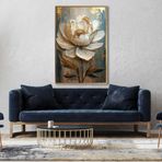 Yağlı Boya Dokulu Tablo Beyaz Kabartma Çiçek Altın Çerçeveli 90 x 120 cm U02054