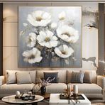 Yağlı Boya Dokulu Tablo Beyaz Modern Çiçekler Altın Çerçeveli 80 x 80 cm U02067