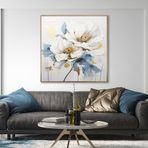 Yağlı Boya Dokulu Tablo Beyaz Soyut Çiçekler Altın Çerçeveli 100 x 100 cm U02064