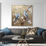 Yağlı Boya Dokulu Tablo Dalda Mavi Kuşlar Altın Çerçeveli 100 x 100 cm U04039