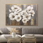 Yağlı Boya Dokulu Tablo Gri Altın Fonda Beyaz Çiçekler Altın Çerçeveli 90 x 120 cm U02072