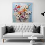 Yağlı Boya Dokulu Tablo Kabartma Çiçekler Gümüş Çerçeveli 100 x 100 cm U02047