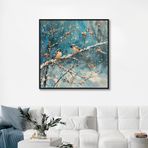 Yağlı Boya Dokulu Tablo Karlı Havada Dalda Kuşlar Siyah Çerçeveli 80 x 80 cm U04022