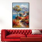 Yağlı Boya Dokulu Tablo Kırmızı Gelincikler ve Köy Evi Manzarası Siyah Çerçeveli 140 x 210 cm U06031