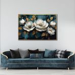 Yağlı Boya Dokulu Tablo Koyu Fonda Beyaz Altın Çiçekler Altın Çerçeveli 50 x 70 cm U02059