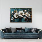 Yağlı Boya Dokulu Tablo Koyu Fonda Beyaz Altın Çiçekler Altın Çerçeveli 70 x 100 cm U02060