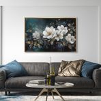Yağlı Boya Dokulu Tablo Koyu Fonda Beyaz Çiçekler Altın Çerçeveli 60 x 120 cm U02033