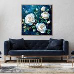 Yağlı Boya Dokulu Tablo Koyu Fonda Beyaz Güller Altın Çerçeveli 80 x 80 cm U02049