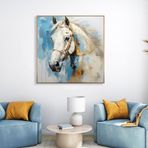 Yağlı Boya Dokulu Tablo Mavi Fonda Beyaz At Altın Çerçeveli 100 x 100 cm U04019