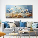 Yağlı Boya Dokulu Tablo Mavi Fonda Beyaz Yatay Çiçekler Altın Çerçeveli 60 x 120 cm U02045