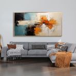Yağlı Boya Dokulu Tablo Mavi Siyah Turuncu Soyut Altın Çerçeveli 70 x 140 cm U08119