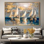 Yağlı Boya Dokulu Tablo Modern Denizde Yelkenliler Altın Çerçeveli 90 x 120 cm U06035