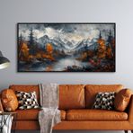 Yağlı Boya Dokulu Tablo Modern Karlı Doğan Manzarası Siyah Çerçeveli 60 x 120 cm U06021