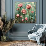 Yağlı Boya Dokulu Tablo Modern Pembe Güller Altın Çerçeveli 140 x 140 cm U02058