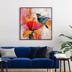 Yağlı Boya Dokulu Tablo Modern Renkli Sinek Kuşu Siyah Çerçeveli 120 x 120 cm U04030