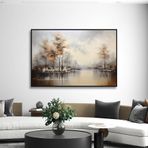 Yağlı Boya Dokulu Tablo Sisli Sonbahar Manzarası Siyah Çerçeveli 90 x 120 cm U06009