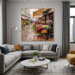 Yağlı Boya Dokulu Tablo Sokakta Çiçekçiler Altın Çerçeveli 60 x 60 cm U09028