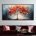 Yağlı Boya Dokulu Tablo Sonbahar Kırmızı Tek Ağaç Siyah Çerçeveli 80 x 160 cm U01017