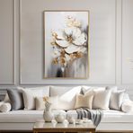 Yağlı Boya Dokulu Tablo Soyut Beyaz Çiçek Altın Çerçeveli 100 x 150 cm U02026