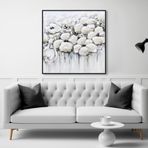 Yağlı Boya Dokulu Tablo Soyut Beyaz Çiçekler Siyah Çerçeveli 100 x 100 cm U02012