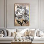 Yağlı Boya Dokulu Tablo Soyut Beyaz Dikey Çiçek Altın Çerçeveli 50 x 70 cm U02041