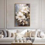 Yağlı Boya Dokulu Tablo Soyut Beyaz Dikey Çiçekler Altın Çerçeveli 50 x 70 cm U02040