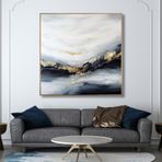 Yağlı Boya Dokulu Tablo Soyut Dalgalı Deniz Manzara Altın Çerçeveli 120 x 120 cm U08123