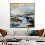 Yağlı Boya Dokulu Tablo Soyut Göl Kıyısı Altın Çerçeveli 80 x 80 cm U08141