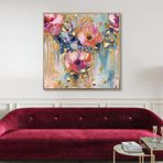 Yağlı Boya Dokulu Tablo Soyut Renkli Çiçekler Altın Çerçeveli 60 x 60 cm U02031
