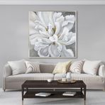 Yağlı Boya Dokulu Tablo Soyut Tekli Beyaz Çiçek Gümüş Çerçeveli 100 x 100 cm U02075