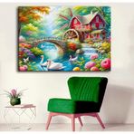 Yağlı Boya Görünümlü Göl Evi, Değirmen ve Kuğular Manzara Tablosu dkmr545 - Dekoratif Duvar Sanatı (50x70cm)