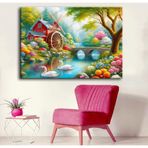 Yağlı Boya Görünümlü Göl Evi, Değirmen ve Kuğular Manzara Tablosu dkmr547 - Modern Duvar Tablosu (70x100cm)