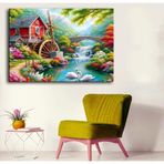 Yağlı Boya Görünümlü Göl Evi ve Kuğular Manzara Tablosu dkmr540 - Dekoratif Duvar Sanatı (50x70cm)