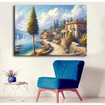 Yağlı Boya Görünümlü Sahil Kasabası Manzara Tablosu dkmr543 - Modern Duvar Tablosu (50x70cm)