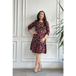 Yağmur Butik Etek Ucu Fırfırlı Kare Yaka Pazen Elbise - Siyah - Mor