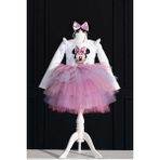 Yağmur Kostütüm Saten Minnie Mouse Temalı Kız Çocuk Beyaz Uzun Kollu Doğum Günü Elbisesi ve Parti Kostümü (Taç Hedi - 0002 - Beyaz - #