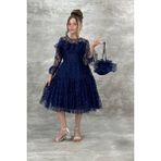 Yağmur Model Güpür Uzun Kol Çanta Dahil Kız Çocuk Elbise Lacivert - Kırmızı - 6 Yaş