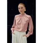 Yaka Detaylı Saten Bluz - Pembe