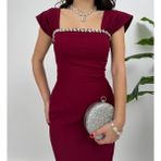 Yaka Taş Detaylı Midi Arkadan Yırtmaç Detaylı Düğün/davet/mezuniyet/söz Elbisesi - Bordo - XL