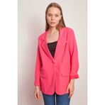 Yakalı Kolu Katlamalı Cep Kapaklı Salaş Boyfriend Oversize Hafif Likralı Kumaş Blazer Ceket-Koyu Pembe - 40